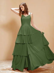 Boho V-Ausschnitt Bodenlang Kleid Fließende Rüschen Moos