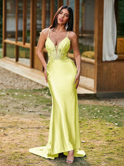Tiefer V-Ausschnitt Applikationen Stretch-Satin Meerjungfrau Kleid Narzisse