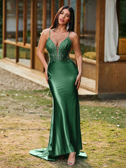 Tiefer V-Ausschnitt Applikationen Stretch-Satin Meerjungfrau Kleid Dunkelgrün