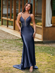 Tiefer V-Ausschnitt Applikationen Stretch-Satin Meerjungfrau Kleid Dunkelmarine