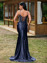 Tiefer V-Ausschnitt Applikationen Stretch-Satin Meerjungfrau Kleid Dunkelmarine