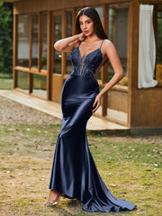Tiefer V-Ausschnitt Applikationen Stretch-Satin Meerjungfrau Kleid Dunkelmarine