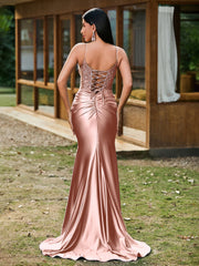 Tiefer V-Ausschnitt Applikationen Stretch-Satin Meerjungfrau Kleid Staubige Rosa