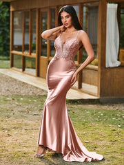 Tiefer V-Ausschnitt Applikationen Stretch-Satin Meerjungfrau Kleid Staubige Rosa