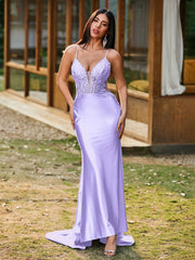 Tiefer V-Ausschnitt Applikationen Stretch-Satin Meerjungfrau Kleid Lila