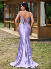 Tiefer V-Ausschnitt Applikationen Stretch-Satin Meerjungfrau Kleid Lila