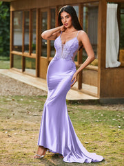 Tiefer V-Ausschnitt Applikationen Stretch-Satin Meerjungfrau Kleid Lila