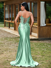 Tiefer V-Ausschnitt Applikationen Stretch-Satin Meerjungfrau Kleid Minzgrün