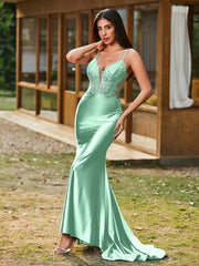 Tiefer V-Ausschnitt Applikationen Stretch-Satin Meerjungfrau Kleid Minzgrün