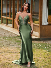 Tiefer V-Ausschnitt Applikationen Stretch-Satin Meerjungfrau Kleid Olivgrün