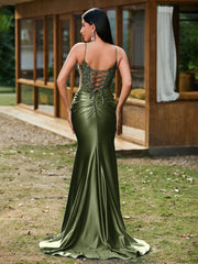 Tiefer V-Ausschnitt Applikationen Stretch-Satin Meerjungfrau Kleid Olivgrün