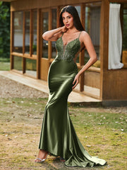 Tiefer V-Ausschnitt Applikationen Stretch-Satin Meerjungfrau Kleid Olivgrün
