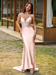 Tiefer V-Ausschnitt Applikationen Stretch-Satin Meerjungfrau Kleid Perlrosa