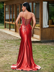 Tiefer V-Ausschnitt Applikationen Stretch-Satin Meerjungfrau Kleid Rot