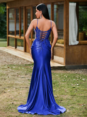 Tiefer V-Ausschnitt Applikationen Stretch-Satin Meerjungfrau Kleid Königsblau