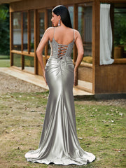 Tiefer V-Ausschnitt Applikationen Stretch-Satin Meerjungfrau Kleid Silber