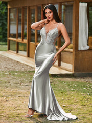 Tiefer V-Ausschnitt Applikationen Stretch-Satin Meerjungfrau Kleid Silber