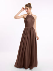 Neckholder High Neck Chiffon Brautjungfernkleid Schokolade
