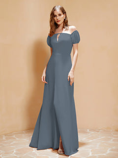 Halbarm Rückenlos A-Linie Chiffon Kleid Schieferblau