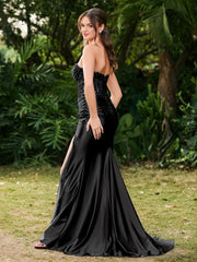 Trägerlos Schleppe Seitenschlitz Maxi Kleid Schwarz
