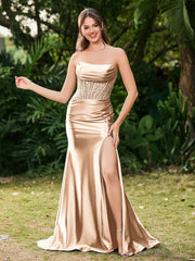 Trägerlos Schleppe Seitenschlitz Maxi Kleid Champagner