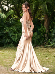 Trägerlos Schleppe Seitenschlitz Maxi Kleid Champagner