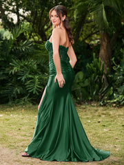 Trägerlos Schleppe Seitenschlitz Maxi Kleid Dunkelgrün