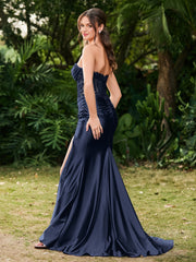 Trägerlos Schleppe Seitenschlitz Maxi Kleid Dunkelmarine