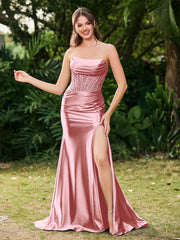 Trägerlos Schleppe Seitenschlitz Maxi Kleid Staubige Rosa