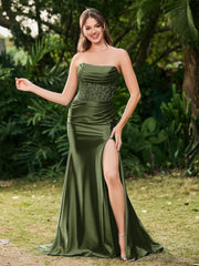 Trägerlos Schleppe Seitenschlitz Maxi Kleid Olivgrün