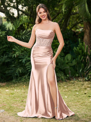 Trägerlos Schleppe Seitenschlitz Maxi Kleid Perlrosa