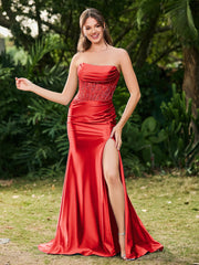 Trägerlos Schleppe Seitenschlitz Maxi Kleid Rot