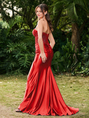 Trägerlos Schleppe Seitenschlitz Maxi Kleid Rot