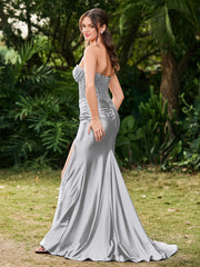 Trägerlos Schleppe Seitenschlitz Maxi Kleid Silber