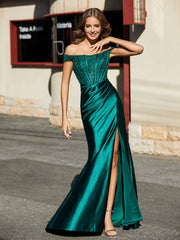 Schulterfrei Hoher Schlitz Korsett Oberteil Satin Kleid Dunkelgrün Übergröße