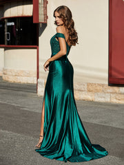 Schulterfrei Hoher Schlitz Korsett Oberteil Satin Kleid Dunkelgrün