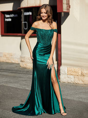 Schulterfrei Hoher Schlitz Korsett Oberteil Satin Kleid Dunkelgrün