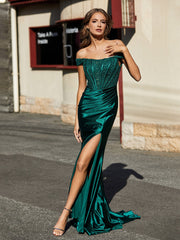 Schulterfrei Hoher Schlitz Korsett Oberteil Satin Kleid Dunkelgrün