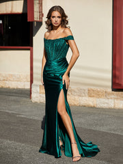 Schulterfrei Hoher Schlitz Korsett Oberteil Satin Kleid Dunkelgrün