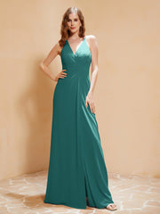 V-Ausschnitt Bodenlang Kleid mit Schlitz Jade