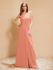 V-Ausschnitt Bodenlang Kleid mit Schlitz Papaya