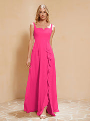 Quadratischer Ausschnitt Rüschen Rückenfrei Kleid Fuchsia