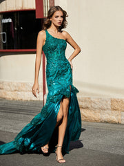 Eine Schulter Stufenrock Rüschen Tüll Kleid Dunkelgrün