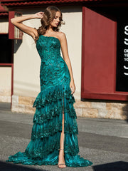 Eine Schulter Stufenrock Rüschen Tüll Kleid Dunkelgrün