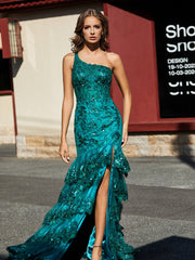 Eine Schulter Stufenrock Rüschen Tüll Kleid Dunkelgrün