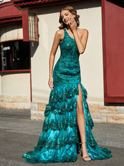 Eine Schulter Stufenrock Rüschen Tüll Kleid Dunkelgrün