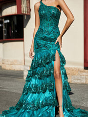 Eine Schulter Stufenrock Rüschen Tüll Kleid Dunkelgrün