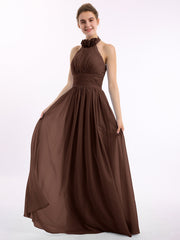 Halfter Chiffon Voller Länge Kleid  mit Blumen Schokolade
