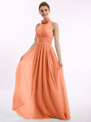 Halfter Chiffon Voller Länge Kleid  mit Blumen Papaya