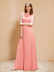 Illusion Chiffon und Spitze Cap-Ärmel Kleid Koralle